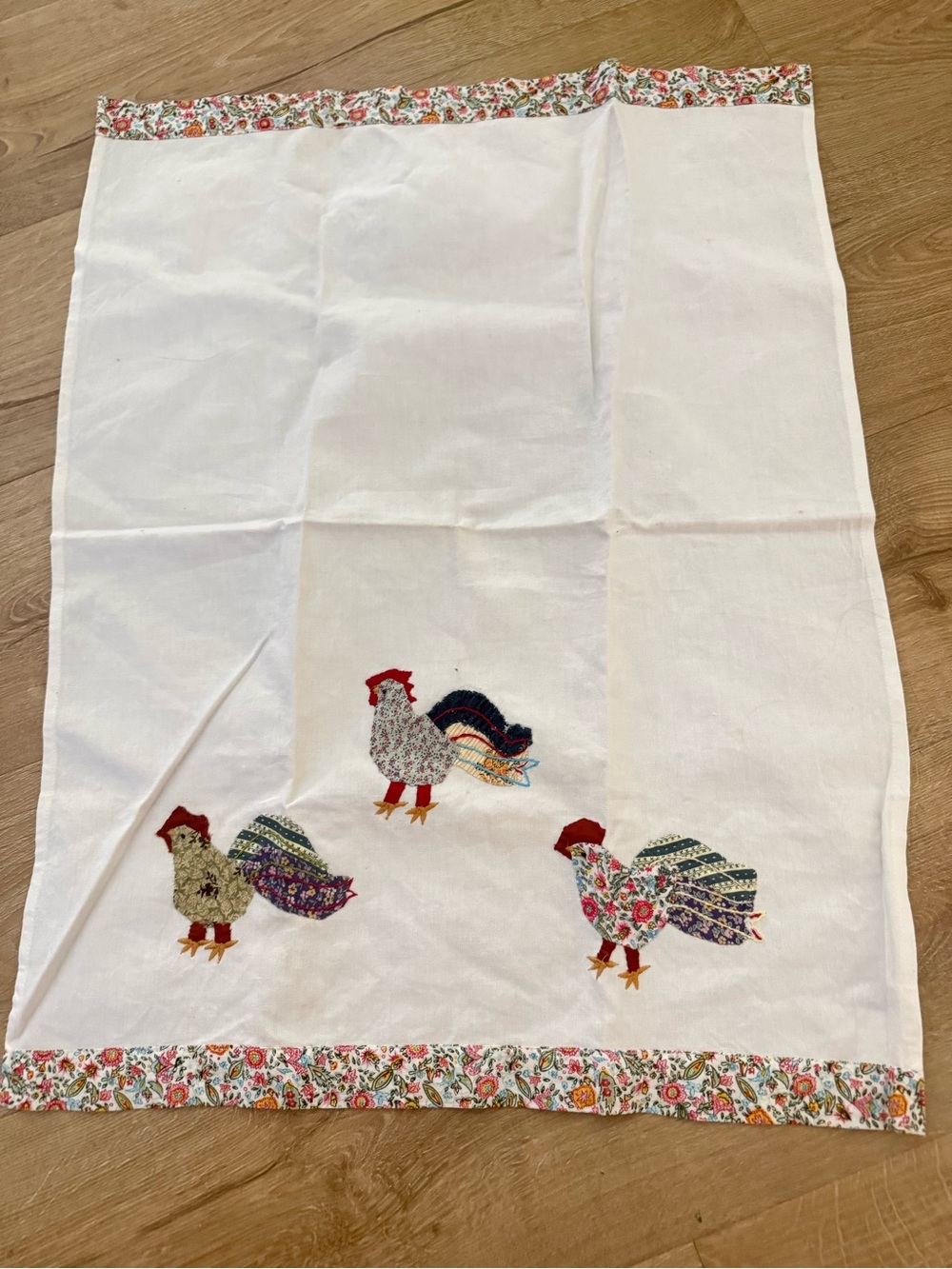 Anthropologie hand towel embroidered, and patchwork chickens